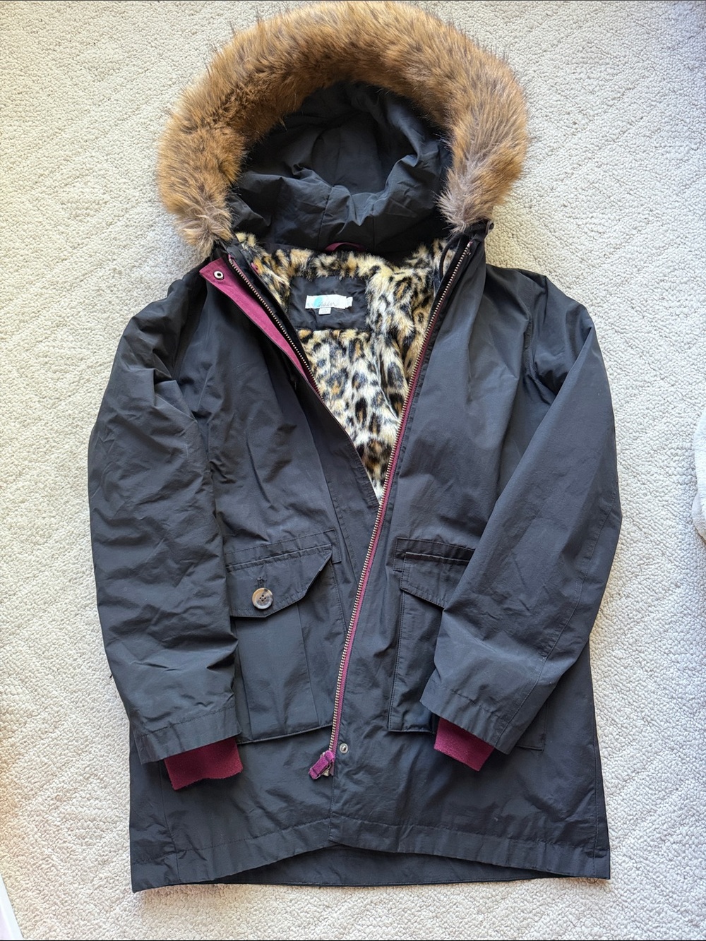 Boden Black Parka with Faux Fur Hood & Leopard Faux-Fur Lining